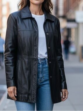 Danier Leather Black Vintage Snap Button Long Moto Blazer Jacket Size M